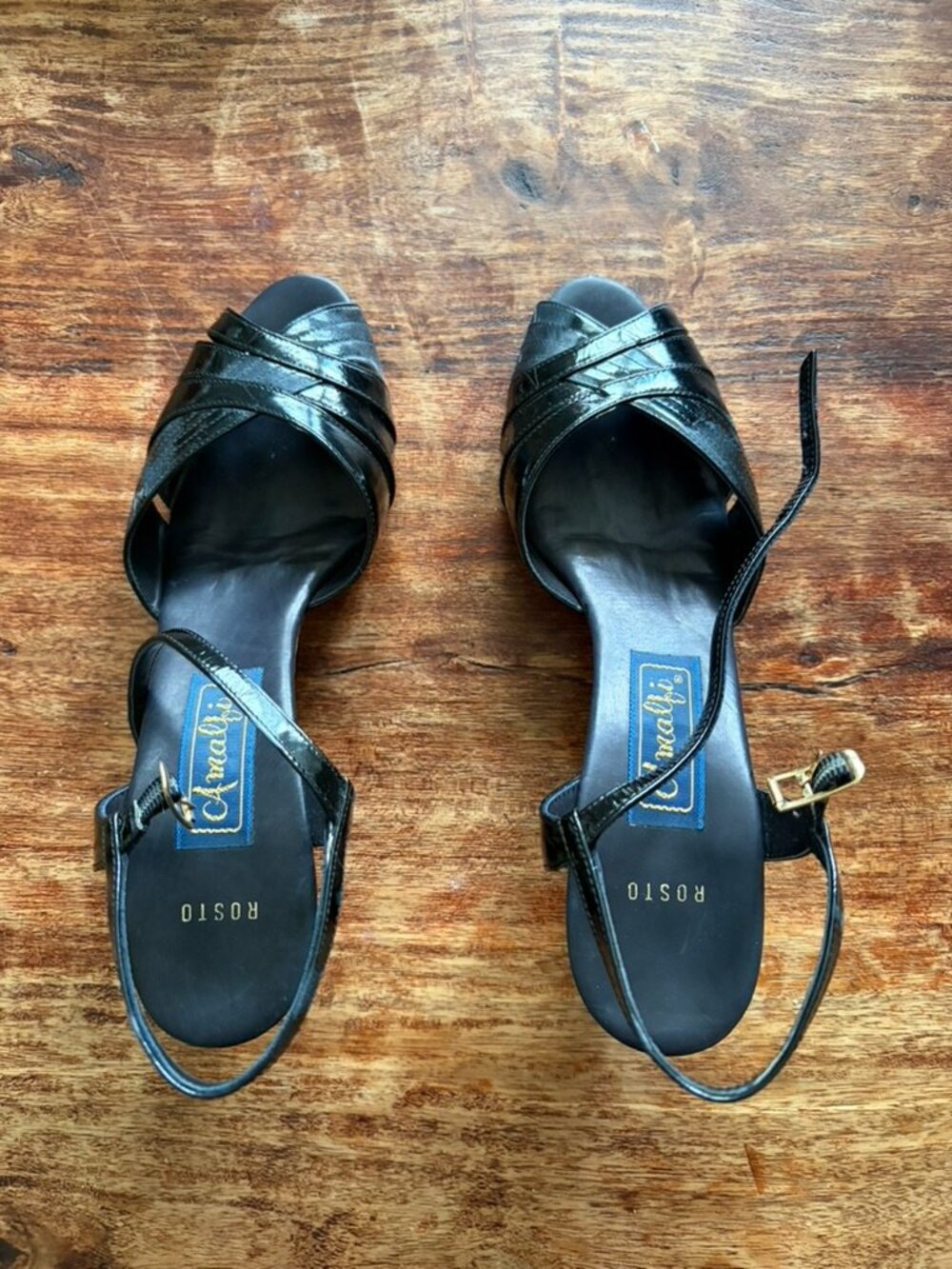 Vintage 1960s Amalfi (Italian) Black Patent Heeled Sandals